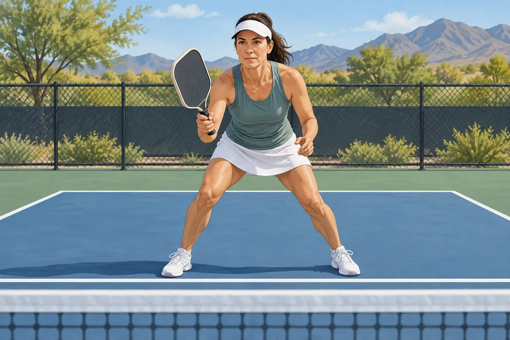 Un joueur de pickleball en position d'attente, genoux fléchis et raquette devant lui, près de la ligne de cuisine.
