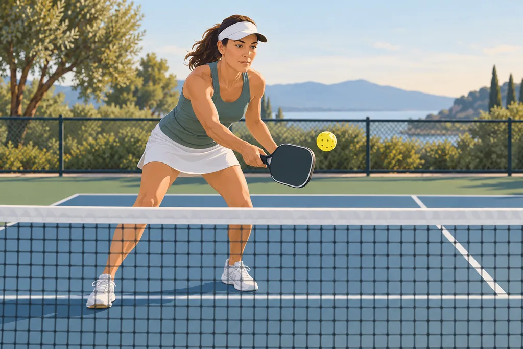 Une joueuse de pickleball effectue un dink doux près du filet, à la ligne de cuisine, sur un court extérieur.