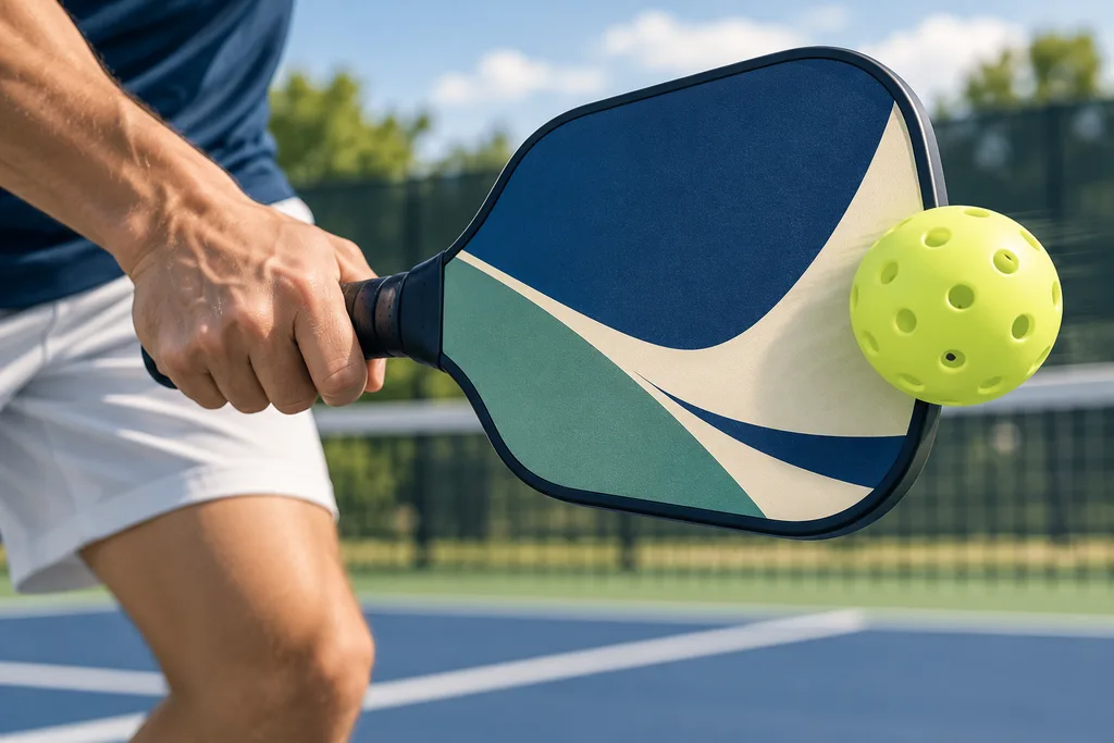 Gros plan sur une main tenant une raquette de pickleball, face à une balle perforée juste avant l'impact.